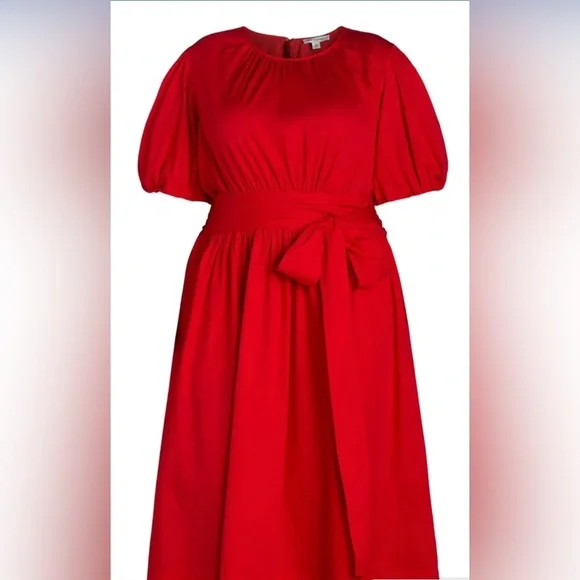 Free Assembly Red Cotton Bow Wrap Around Tie Midi Dress with Puff Sleeves - Picture 4 of 14